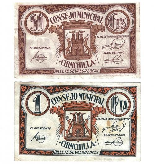 442 - BILLETES LOCALES. Lote de 2 billetes. 50 céntimos y 1 peseta. Consejo Municipal de Chinchilla. Sin firma. MG-578 B y C. Con manchas de pegamento en las esquinas. MBC+.
