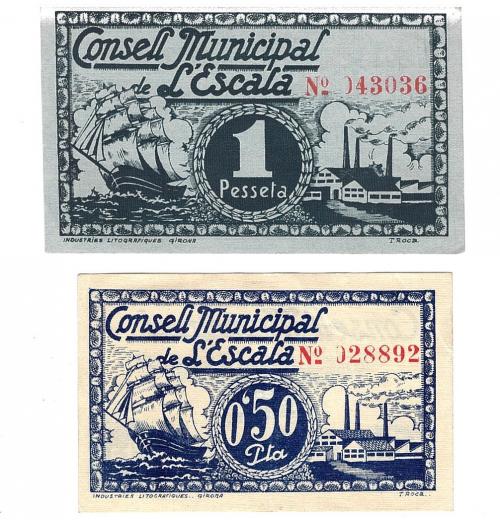 443 - BILLETES LOCALES. Lote de 2 billetes. 50 céntimos y 1 peseta. Consejo Municipal de L´Escala. MG-605 A y B. EBC+.
