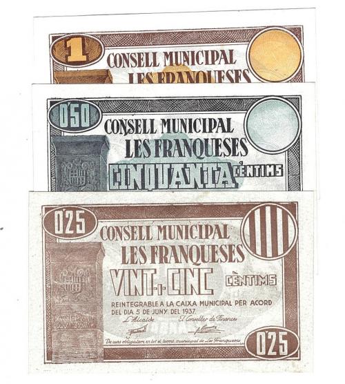 444   -  BILLETES LOCALES. Lote de 3 billetes. 25 céntimos, 50 céntimos y 1 peseta. Consejo Municipal de Les Franqueses. 6-1937.  MG-673 A, B y C. EBC- a EBC+.