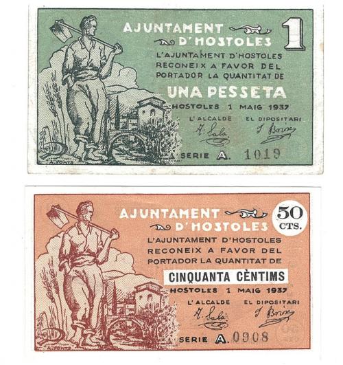 445 - BILLETES LOCALES. Lote de 2 billetes. 50 céntimos y 1 peseta. Hostoles. MG-770 A y B. EBC+ a MBC.