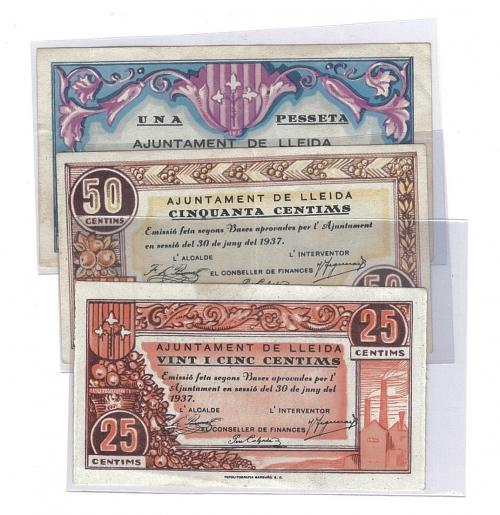 446 - BILLETES LOCALES. Lote de 3 billetes. 25 céntimos, 50 céntimos y 1 peseta. Lleida. 6-1937. MG-849 A, B y C. MBC+ a EBC+.