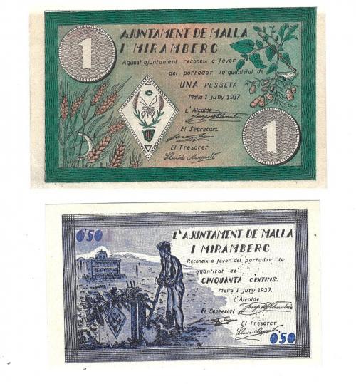 447 - BILLETES LOCALES. Lote de 2 billetes. 50 céntimos y 1 peseta. Malla I Miramberc. 6-1937. MG-874 A y B. EBC+ a SC.