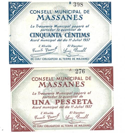 448   -  BILLETES LOCALES. Lote de 2 billetes. 50 céntimos y 1 peseta. Consejo Municipal de Massanes. 7-1937. MG-900 A y B. R. SC.