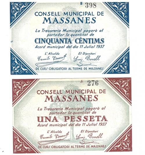 448 - BILLETES LOCALES. Lote de 2 billetes. 50 céntimos y 1 peseta. Consejo Municipal de Massanes. 7-1937. MG-900 A y B. R. SC.
