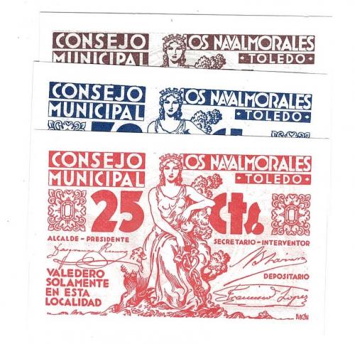 449 - BILLETES LOCALES. Lote de 3 billetes. 25 céntimos, 50 céntimos y 1 peseta. Consejo Municipal los Navalmorales. Sin firma. MG-944 A, B y C. SC