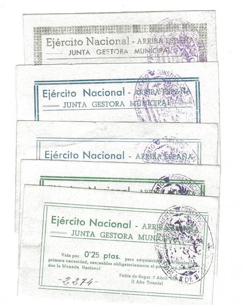 451 - BILLETES LOCALES. Lote de 5 billetes. 25 céntimos, 1 peseta, 2 pesetas, 5 pesetas y 10 pesetas. Pobla de Segur. 4-1938. MG-1143 F, H, I, J, K. EBC a SC.