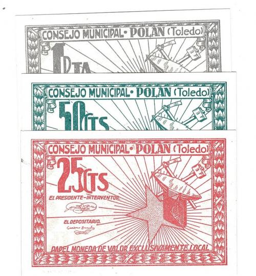 452 - BILLETES LOCALES. Lote de 3 billetes. 25 céntimos, 50 céntimos y 1 peseta. Consejo Municipal Polan. Sin firma. MG-1147 A, B y C. SC