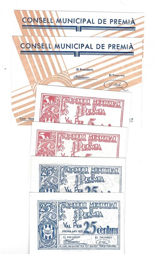 453 - BILLETES LOCALES. Lote de 6 billetes. 5 céntimos, 25 céntimos y 50 céntimos en parejas correlativas. Consejo Municipal de Premià. 1937. MG-1177 A, C Y D. SC.