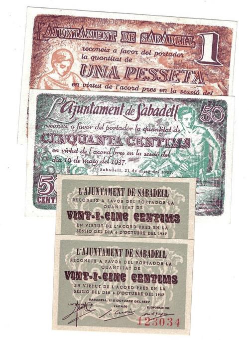 454 - BILLETES LOCALES. Lote de 4 billetes. 25 céntimos en pares correlativos, 50 céntimos, 1 peseta. Sabadell. MG-1285 A, B y C (2). MBC+ -SC.