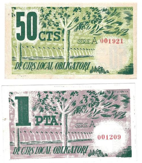 458   -  BILLETES LOCALES. Lote de 2 billetes. 50 céntimos y 1 peseta.Torelles de Foix. MG-1458 C y D. EBC+ a SC