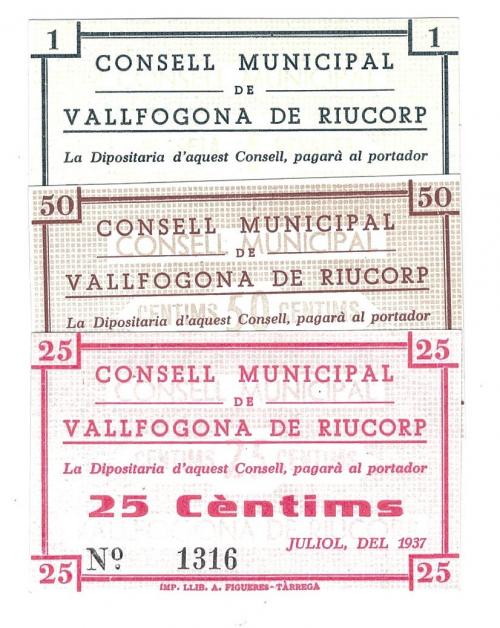 459 - BILLETES LOCALES. Lote de 3 billetes. 25 céntimos, 50 céntimos y 1 peseta. Vallfogona de Ruicorp. 7-1937. MG-1530 A, B y C. SC