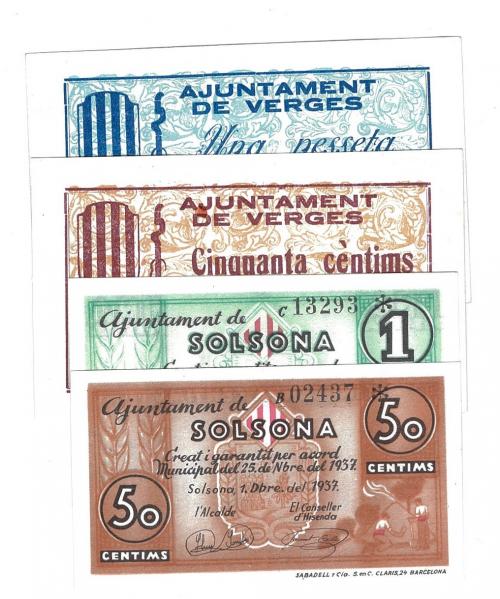 460 - BILLETES LOCALES. Lote de 4 billetes. 50 céntimos y 1 peseta. Veges y Solsona. Sin firma. 1937. MG-1548 C y D. MG- 1379 F y G. EBC+ a SC