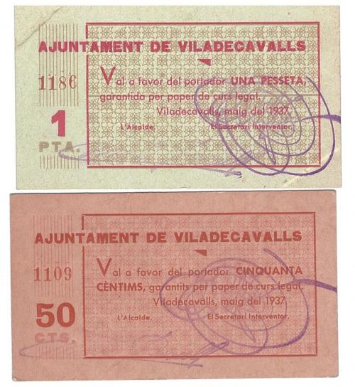 461 - BILLETES LOCALES. Lote dos billetes Viladecavalls. 5-1937. 50 céntimos y 1 peseta. Sin firma. M-G 1557 A y B. EBC+. SC.