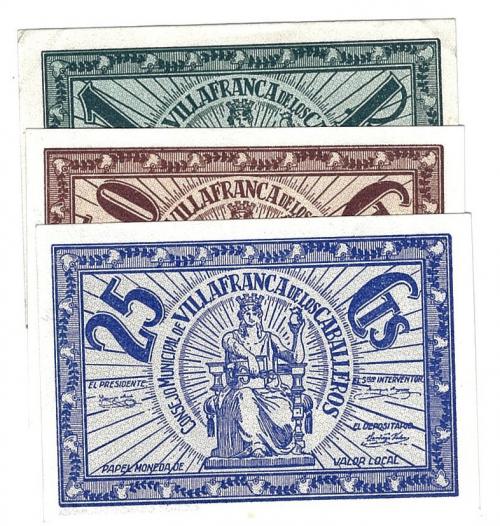 462 - BILLETES LOCALES. Lote tres billetes Consejo Municipal Villafranca de los Caballeros. 25 céntimos, 50 céntimos y 1 peseta. Sin firma. M-G 1597 A, B y C. Mue escasa. SC.