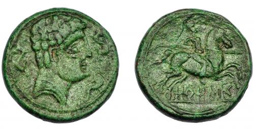47 - HISPANIA ANTIGUA. OROSIS. Unidad. A/ Cabeza masculina a der., alrededor tres delfines. R/ Jinete lancero a der.; debajo sobre línea ley. ibérica OROSI. AE 10,4 g. 24,89 mm. I-1907. ACIP-1510. Pátina verde. MBC-.