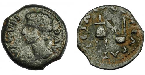 55 - HISPANIA ANTIGUA. COLONIA PATRICIA. Augusto. Semis. A/ Cabeza a izq.; PERM CAES AVG. R/ Apex y simpulum; COLONIA PATRICIA. AE 5,61 g. 22,0 mm. I-1992. APRH-130a. ACIP-3358. Pátina oscura. BC+/MBC-.