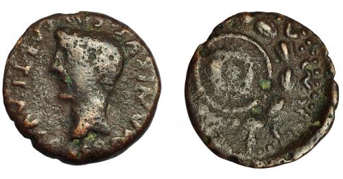 58 - HISPANIA ANTIGUA. COLONIA ROMULA. Tiberio. Semis. A/ Cabeza desnuda de Germánico a izq. R/ Láurea, dentro de rodela. AE 3,56 g. 20,9 mm. I-2017. APRH-75. ACIP-3362. BC/BC+.