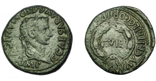 6 - HISPANIA ANTIGUA. BILBILIS. Calígula. As. A/ Cabeza laureada a der.; G CAESAR AVG GERMANICVS IMP. R/ Corona cívica rodeando II VIR, alrededor MVN AVG BILBIL C CORN R(EF M HELV FR)ONT. AE 10,85 g. 28,3 mm. I-286 vte. ley. rev. APRH-400. ACIP-3026. Pátina oscura. MBC-. Muy escasa.