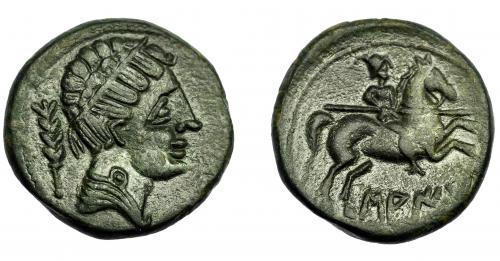 60 - HISPANIA ANTIGUA. SAITI. Unidad. A/ Cabeza masculina diademada a der. con manto y fíbula, detrás palma. R/ Jinete con lanza a der., debajo sobre línea SAITi. AE 13,51 g. 28,33 mm. I-2100. ACIP-2031. Pátina verde oscuro. MBC+/MBC.