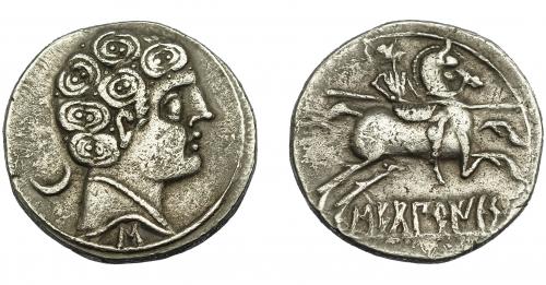 62 - HISPANIA ANTIGUA. SEKOBIRIKES. Denario. A/ Cabeza masculina a der., detrás creciente y bajo el cuello signo ibérico S. R/ Jinete lancero a der., debajo sobre línea SEKoBiRIKeS . AR 3,2 g. 17,2 mm. I-2168. ACIP-1869. Porosidades. MBC.