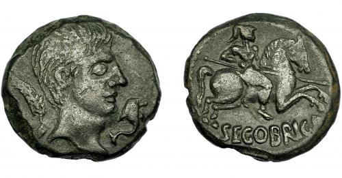 64 - HISPANIA ANTIGUA. SEGOBRIGA. Unidad. A/ Cabeza a der., delante delfín, detrás palma. R/ Jinete lancero a der., debajo SEGOBRIGA. AE 11,1 g. 25,77 mm. I-2182. APRH-470a. ACIP-1844 (Konterbia Karbika). Pátina oscura. MBC.
