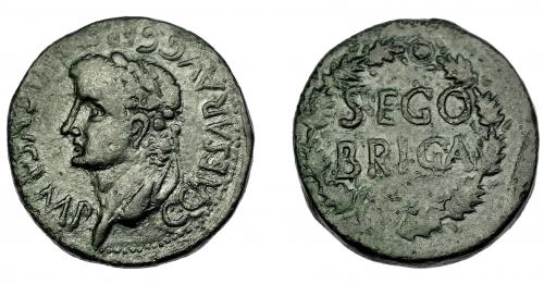 65 - HISPANIA ANTIGUA. SEGOBRIGA. Calígula. As. A/ Cabeza laureada a izq.; C CAESAR AVG GER(MAN)ICVS IMP. R/ Corona cívica rodeando SEGO/BRIGA. AE 16,4 g. 28,92 mm. I-2146. APRH-476. ACIP-3246. Pátina oscura. MBC.