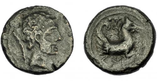 67 - HISPANIA ANTIGUA. KESE. Cuadrante. A/ Cabeza masculina a der.; detrás palma curva. R/ Prótomo de Pegaso a der., encima tres glóbulos, debajo ley. ibérica KeE. AE 2,19 g. 14,97 mm. I-2333. ACIP-1159. Pequeña grieta. Pátina oscura. MBC-/BC+. Rarísima.