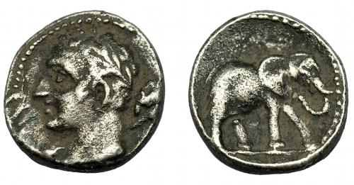 7 - HISPANIA ANTIGUA. EMISIONES HISPANO-CARTAGINESAS. 1/4 de siclo. A/ Cabeza masculina laureada a izq., clava detrás del hombro. R/ Elefante avanzando a der. AR 1,75g. 12,79 mm. I-487. ACIP-555. MBC-/MBC. Escasa.