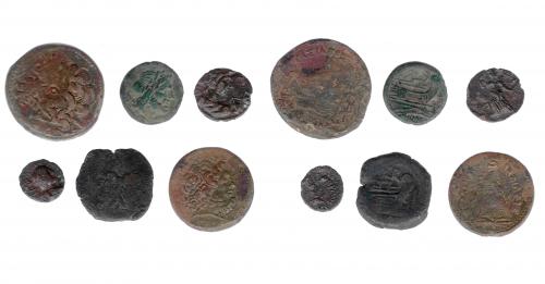 70   -  GRECIA ANTIGUA. Lote de 6 monedas de los Ptolomeos: bronces (2) unidades (2) y semis (2). RC/MBC-. 