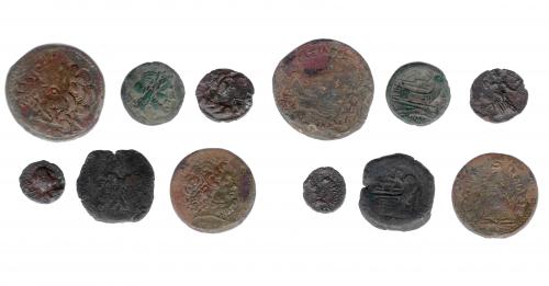 70 - GRECIA ANTIGUA. Lote de 6 monedas de los Ptolomeos: bronces (2) unidades (2) y semis (2). RC/MBC-.