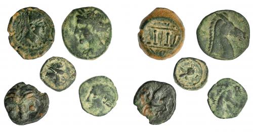 71   -  GRECIA ANTIGUA. Lote de 5 monedas de bronce de distintos valores: Malaka (1) y siculo-púnicas (4). De BC- a MBC.