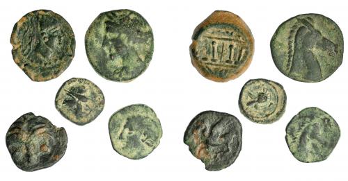 71 - GRECIA ANTIGUA. Lote de 5 monedas de bronce de distintos valores: Malaka (1) y siculo-púnicas (4). De BC- a MBC.
