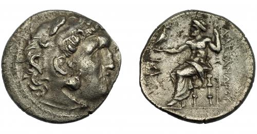 77 - GRECIA ANTIGUA. MACEDONIA. Alejandro III. Tetradracma. A/Cab. con leonté a der.. R/ Zeus entronizado, delante antorcha. AR 16,56g. 29,06 mm. PR- 3519? MBC.