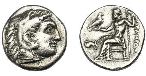 79 - GRECIA ANTIGUA. MACEDONIA. Antígono I. Dracma. A nombre de Alejandro III. Lampsakos (310-301 a.C.). A/ Cabeza con leonté a der. R/ Zeus entronizado a izq. con águila y cetro; a der. ΑΛEΞANΔPOY, a izq. ratón a der. AR 4,13g. 17,23 mm. PR-1427. COP-981. MBC.