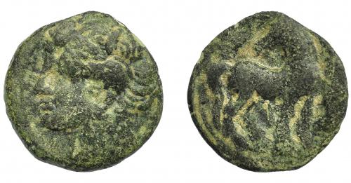 86 - GRECIA ANTIGUA. ZEUGITANIA. Cartago. Calco (siglo III-II a.C.). A/ Cabeza de Tanit a izq. R/ Caballo a der. con cabeza vuelta. AE 6,28 g. 21,9 mm. COP-6518. BC+.