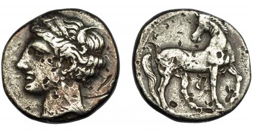 87 - GRECIA ANTIGUA. ZEUGITANIA. Cartago. 2/3 de siclo (c. 300 a.C.). A/ Cabeza de Tanit a izq. R/ Caballo avanzando a der. con la cabeza vuelta. Entre las patas letra púnica c. AR 4,79g. 19,65 mm. COP-143. MBC-.