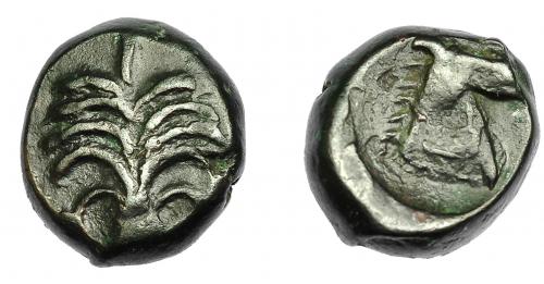 88 - GRECIA ANTIGUA. ZEUGITANIA. Cartago. AE (350-320 a.C.). A/ Palmera con dos racimos de dátiles. R/ Cabeza de caballo a der. AE 5,56 g. 15,74 mm. COP-105. MBC-.