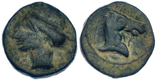 9 - HISPANIA ANTIGUA. ACUÑACIONES HISPANO-CARTAGINESAS. Unidad. A/ Cabeza de Tanit a izq. R/ Cabeza de caballo a der.; delante letra fenicia aleph. AE 8,54 g. 20,64 mm. I-515. ACIP-585. Pátina oscura. MBC-/MBC.