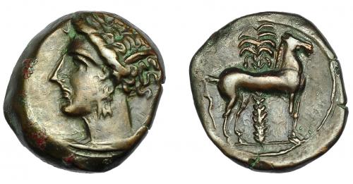 90 - GRECIA ANTIGUA. ZEUGITANIA. Cartago. 1/2 calco (400-350 a.C.). A/ Cabeza de Tanit a izq. R/ Caballo parado a der., detrás palmera. AE 3,42 g. 16,3 mm. COP-109-113.