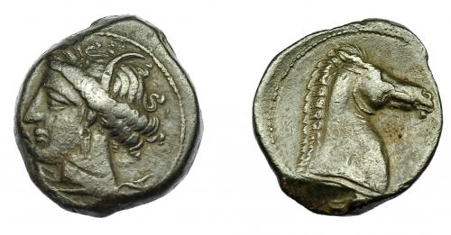 93 - GRECIA ANTIGUA. ZEUGITANIA. Cartago. Calco (300-264 a.C.). A/ Cabeza de Tanit a izq. R/ Cabeza de caballo a der. AE 5,59 g. 19,89 mm. COP-149. MBC-/MBC.