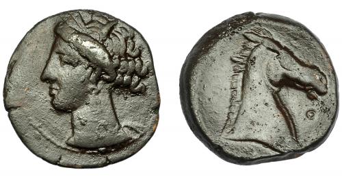 94 - GRECIA ANTIGUA. ZEUGITANIA. Cartago. Calco (300-264 a.C.). A/ Cabeza de Tanit a izq. R/ Cabeza de caballo a der, delante círculo. AE 4,75 g. 20,19 mm. COP-151. MBC-/MBC. Pátina marrón.