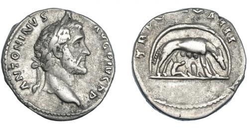 3145 - IMPERIO ROMANO. ANTONINO PÍO. Denario. Roma (140-143). A/ Cabeza laureada a der.; ANTONINVS AVG PIVS P P. R/ Loba con los gemelos dentro de cueva; TR (POT) COS III. AR 3,33 g. 17,6 mm. RIC-95C. MBC-.