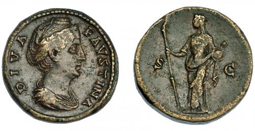 3148 - IMPERIO ROMANO. FAUSTINA LA MAYOR. Sestercio. Roma (141). A/ Busto a der.; DIVA FAVSTINA. R/ Vesta a izq. con antorcha y palladium; S-C. AE 30,77 g. 30,3 mm. RIC-1151. Pequeñas erosiones. MBC/MBC-