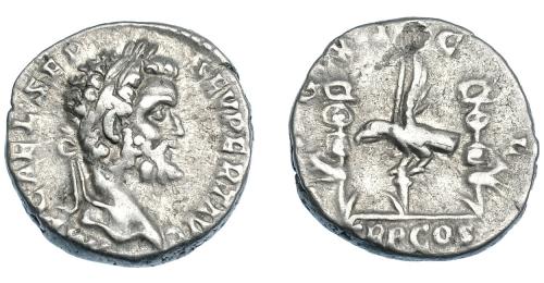3151 - IMPERIO ROMANO. SEPTIMIO SEVERO. Denario. Roma (193-194). A/ Cabeza laureada a der.; (IMP) C AEL SEP SEV PERT AVG. R/ Aquila entre dos signa; (LEG) XI C L , en exergo TR P COS. AR 3,01 g. RIC-12. Hoja en rev. MBC.