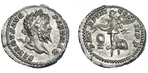 3152 - IMPERIO ROMANO. SEPTIMIO SEVERO. Denario. Roma (200). A/ Cabeza laureada a der.; SEVERVS AVG PART MAX. R/ Victoria volando a izq. sujetando guirnalda, delante escudo; P M TR P VIII COS II P P. AR 3,31 g. 19,4 mm. RIC-150. EBC-/MBC+.