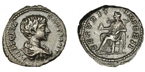 3153 - IMPERIO ROMANO. GETA. Denario. Roma (199-202). A/ Busto drapeado a der.; P SEPT GETA CAES PONT. R/ Securitas sentada a izq. con globo; SECVRIT IMPERII. Ar 2,94 g. 18,9 mm. RIC-20a. MBC.