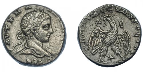 3157 - IMPERIO ROMANO. HELIOGÁBALO. Antioquía. Tetradracma (221-222). A/ Cabeza laureada a der. R/ Águila a der. con alas abiertas mirando atrás, entre las patas estrella, en campo fecha D-E (año 5). VE 13,02 g. 24 mm. Prieur-276 vte. MBC. Ex colección Guadán 2584.