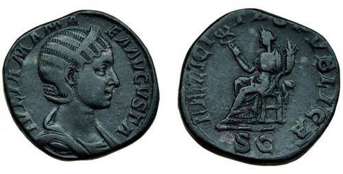 3160 - IMPERIO ROMANO. JULIA MAMEA. Sestercio. Roma (222-235). R/ Felicitas sentada a izq. con caduceo y cornucopia; FELICITAS PVBLICA, SC. AE 21,27 g. 29,9 mm. RIC-679. MBC-.