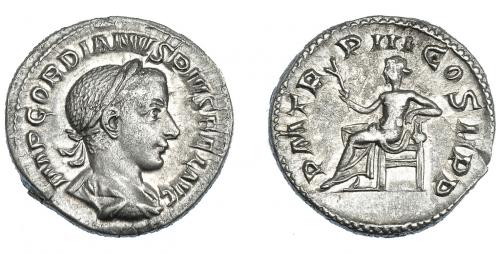 3163 - IMPERIO ROMANO. GORDIANO III. Denario. Roma (241-243). A/ Busto laureado, drapeado y acorazado a der.; IMP GORDIANVS PIVS FEL AVG. R/ Apolo sentado a der. con rama; P M TR P COS II P P. AR 3,61 g. 19,1 mm. RIC-114. MBC+/MBC.