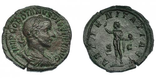 3164 - IMPERIO ROMANO. GORDIANO III. Sestercio. Roma (240). A/ Busto laureado, drapeado y con coraza a der.; IMP GORDIANVS PIVS FEL AVG. R/ Sol con mano der. levantada y globo; AETERNITATI AVG, S-C. AE 22,08 g. 14,3 mm. RIC-297a. Pátina marrón rugosa. MBC/MBC+.
